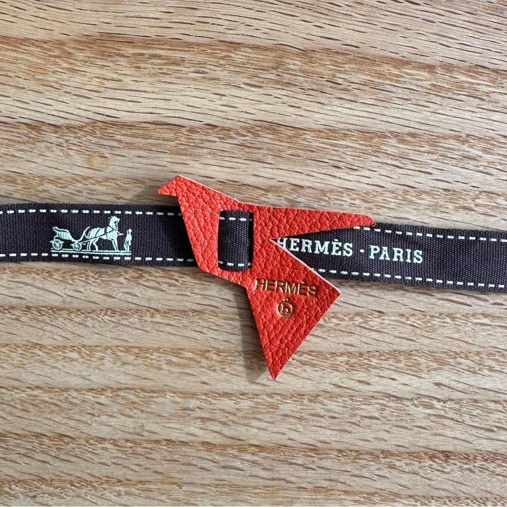 HERMES PETIT H Origami Bird MINI CHARM ORANGE Clemence leather logo ribbon